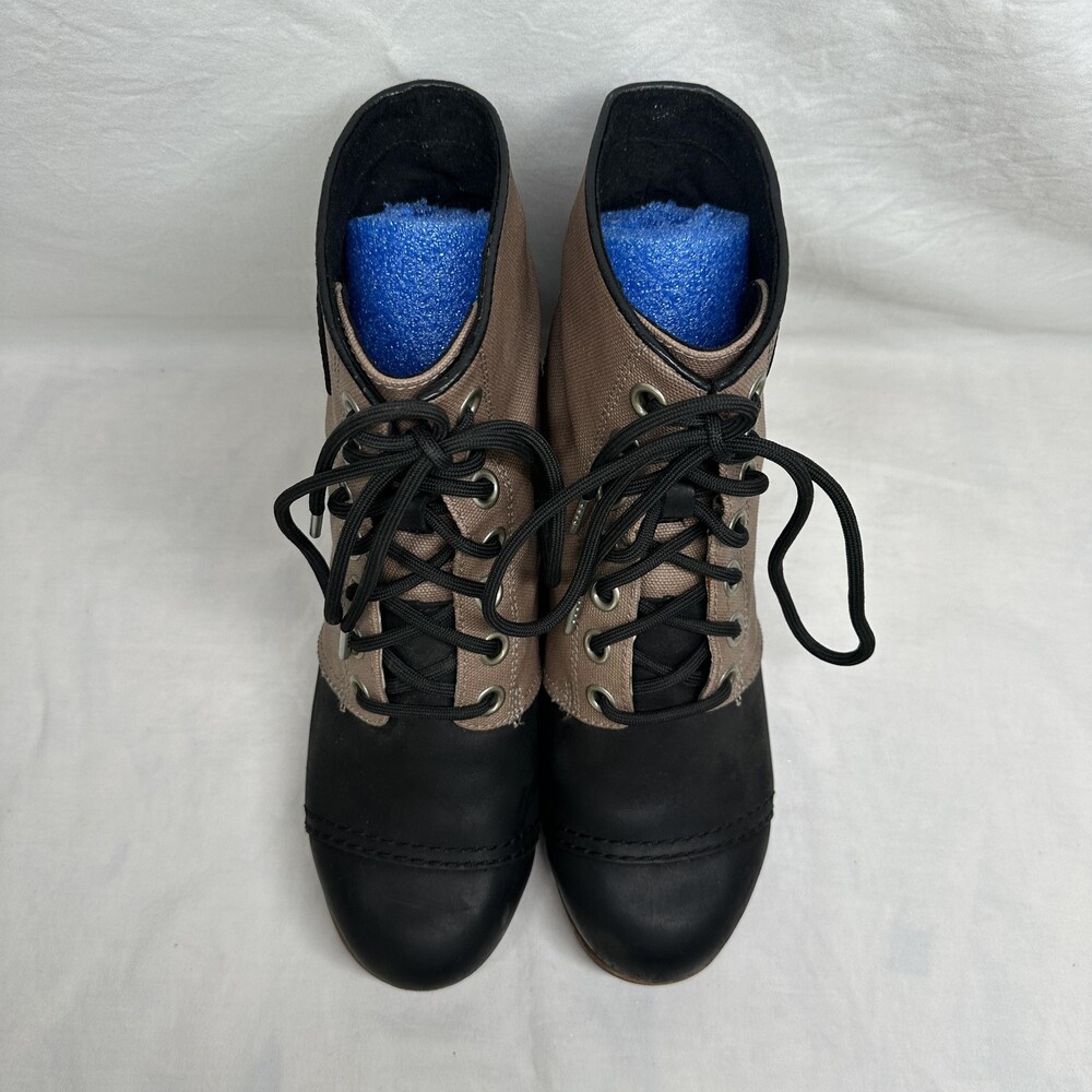 Sorel Major Lace Wedge Boots Womens Size 10 Black Tan Canvas Leather NL2174-238